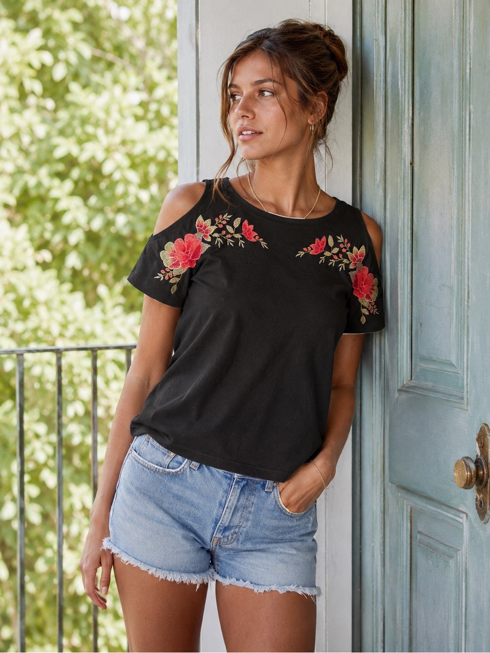 American Eagle Black Cold-Shoulder Top with Red Floral Embroidery